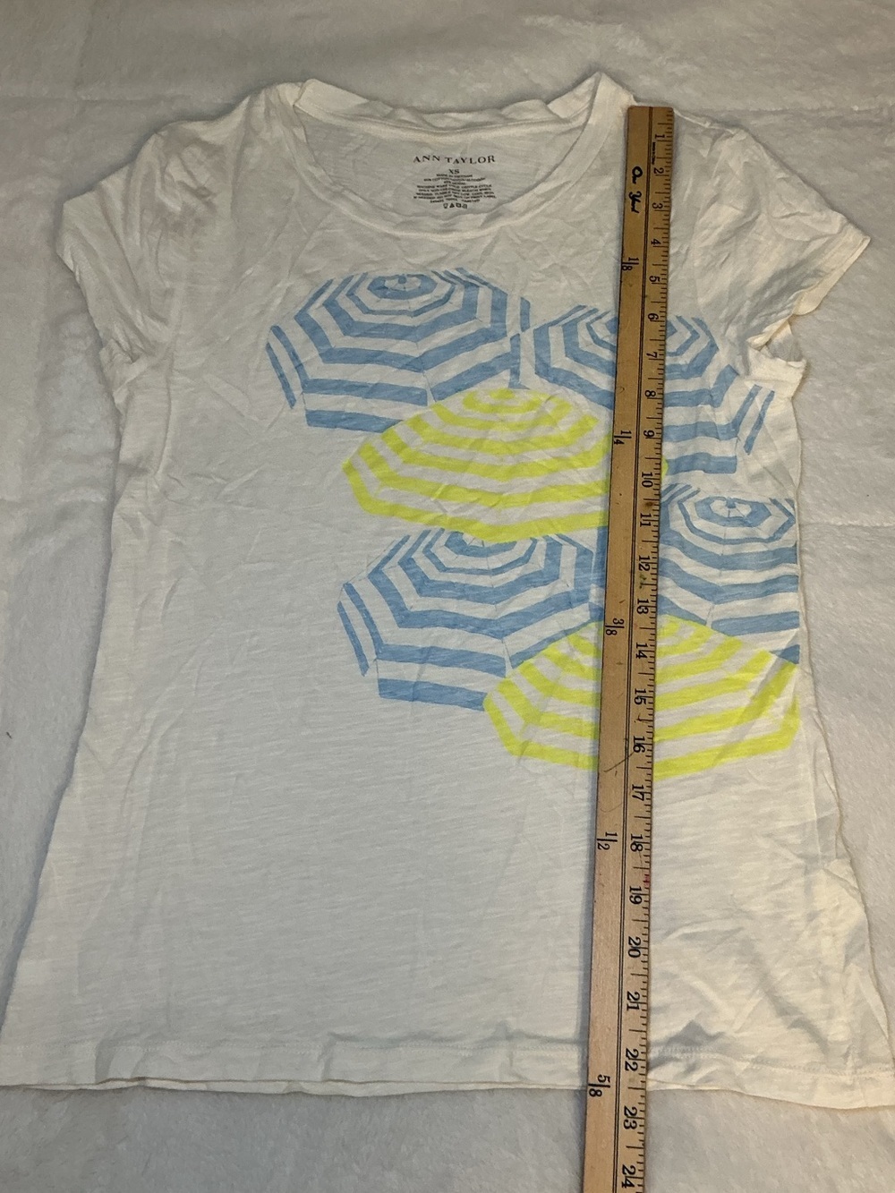 Women’s White Graphic Tee with Blue and Yellow Umbrella Print - Picture 6 of 7